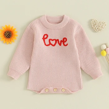 Вязаный комбинезон на День Святого Валентина для маленьких девочек, свитер с круглым вырезом и буквенной вышивкой, топы-ползунки