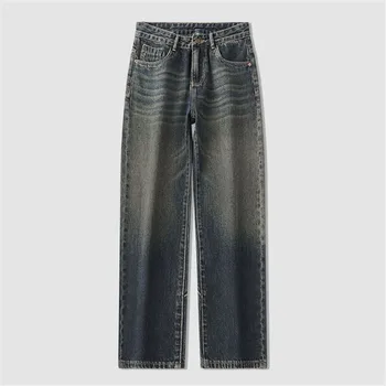 Весенне-осенние джинсы Мужские однотонные Y2K с прямыми штанинами и карманами, свободные брюки для стирки на пуговицах A166