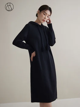 Трикотажное платье DUSHU Зима 2023, Новое Черное платье средней длины с капюшоном на завязках, Офисное Женское Повседневное Свободное платье
