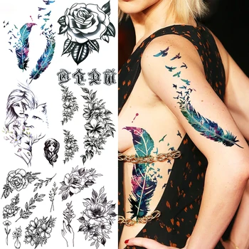 Временные татуировки с акварельными перьями для женщин и взрослых, Реалистичная Роза, Лиса, Цветок Флоры, поддельная татуировка, наклейка, Сексуальная татуировка на груди, руке