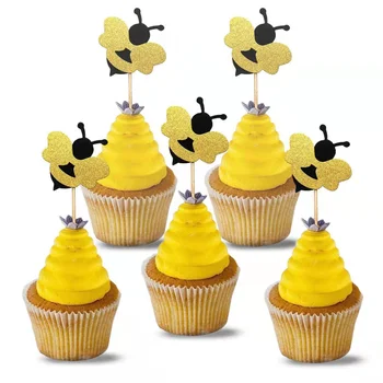 5шт Расходные материалы для украшения торта Золотые блестящие Пчелиные топперы для кексов для детского душа, украшения кексов для десерта на день рождения, Топперы для украшения десертов