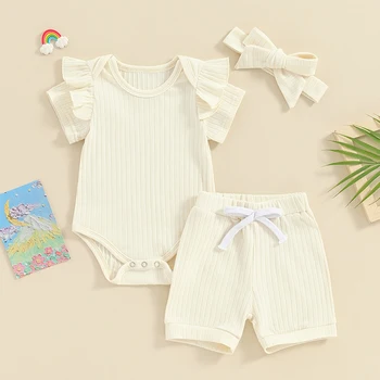 Летняя одежда для новорожденных девочек, однотонный комбинезон с короткими рукавами и оборками, боди, топы, шорты с повязкой на голову, комплект