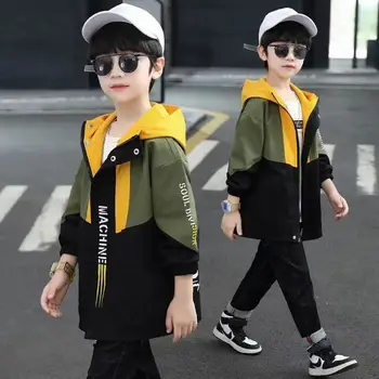 Куртка-карго для мальчиков-подростков с капюшоном в стиле пэчворк на молнии с буквенным принтом 2023, Весеннее Свободное повседневное пальто контрастного цвета, мода 5-12 лет
