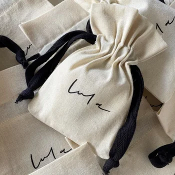 Изготовленная на заказ сумка на шнурке из натурального хлопка бежевого цвета, хлопчатобумажная льняная сумка на шнурке с хлопчатобумажным шнурком
