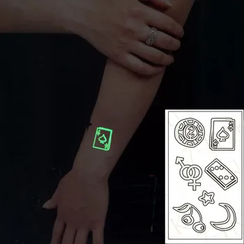 Светящиеся в темноте светящиеся тату-наклейки фишки Игральные карты Луна Звезда Водонепроницаемые временные тату-наклейки для вечеринки в стиле боди-арт