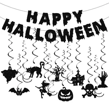 Баннер Happy Halloween Призрачный Замок ведьмы Черная кошка Летучая мышь Спиральный подвесной декор в виде тыквы на Хэллоуин Happy 2023 Haloween Decor Home
