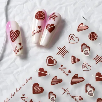 Сигналы сердцебиения, Красный дизайн сердца Любви, 5D Рельефные рельефы, Самоклеящиеся наклейки для ногтей, Милые 3D Наклейки для маникюра Оптом