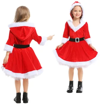 Красный рождественский костюм Санта-Клауса с капюшоном, платье для девочек, Рождественская вечеринка, Детский маскарадный костюм