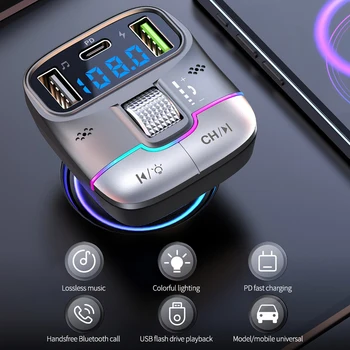 Автомобильный FM-передатчик Bluetooth 5.3 Беспроводной Bluetooth Автоматический адаптер MP3-плеер Громкая связь Двойное зарядное устройство USB PD Роликовое колесо