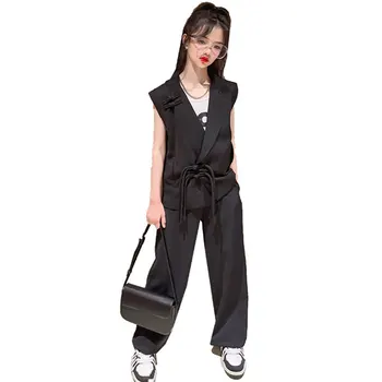 2023 Весенне-летний костюм-блейзер для девочек, новый дизайн в китайском стиле, топы без рукавов + брюки, комплекты одежды для малышей, комплекты одежды для детей из двух предметов