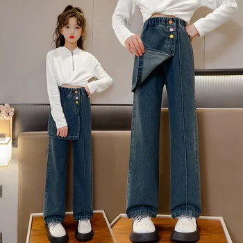 2023 Новые джинсы для девочек, подростковые весенне-осенние модные широкие повседневные брюки от 5 до 14 лет