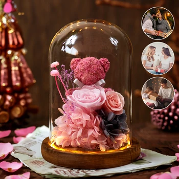 Плюшевый мишка, Вечно Сохраняемый Цветок розы с подсветкой, подарок на День Святого Валентина для парня, домашний декор, подарки на День матери для женщин