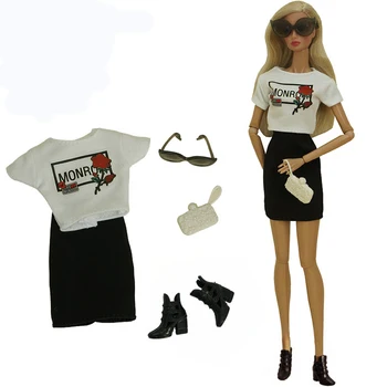 NK 1 комплект Модной офисной женской одежды, Белая рубашка + сумка + Очки + Обувь + платье, Повседневная одежда, Одежда для куклы Барби, Аксессуары, игрушки