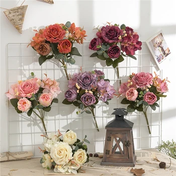 Красивые Гортензийные розы, искусственные цветы для дома, свадебные украшения, Осенний букет, муссовый Пион, искусственный Цветок