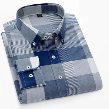 Новая мужская клетчатая рубашка Оксфорд из 100% чистого хлопка с длинным рукавом Regular Fit, мужские повседневные Мягкие Удобные рубашки оверсайз для отдыха Мужчин