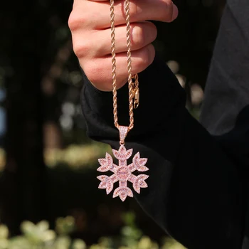 В стиле хип-хоп, 5A + CZ, Выложенный камнем, Блестящий, покрытый льдом Снег, Подвески в виде снежинок, Ожерелье для мужчин, Украшения для рэперов, Розовый, золотой, серебряный Цвет