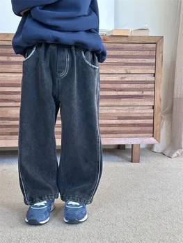 Детские флисовые джинсы 2023, осень-зима, Новые Модные повседневные брюки в корейском стиле для мальчиков и девочек с прямыми штанинами