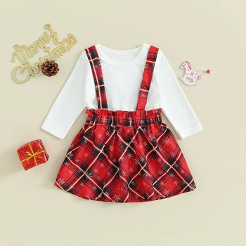 Рождественский наряд для маленькой девочки, комплект из 2 предметов, юбка на подтяжках, пуловер в рубчик с длинным рукавом, юбка в клетку, перекрещивающаяся сзади