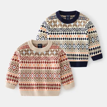 2023, Корейский Зимний Осенний свитер для мальчиков, Хлопчатобумажные Вязаные Толстые Свободные топы из аргайла, Теплый Эластичный пуловер, Свитер для мальчиков