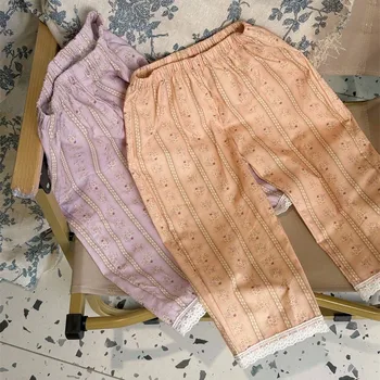 Модные кружевные брюки с пайетками для маленьких девочек, сезон: весна-лето, детские брюки для малышей, повседневные брюки до щиколотки с цветочным рисунком, детская одежда от 1 до 6 лет