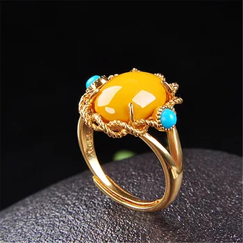Богемия Этнический стиль Открытое синее кольцо Золотого цвета Кольцо с большим желтым камнем Винтажные кольца Свадебные украшения для помолвки