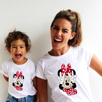 Новые футболки для мамы и детей, забавные комплекты для семьи с Минни Маус, летняя белая одежда для мамы и дочки с коротким рукавом
