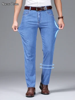 Большие размеры 42, мужские джинсы, весна-лето, Тонкие Повседневные деловые Модные светло-голубые стрейчевые джинсовые брюки, Мужская брендовая одежда