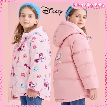 Детские двубортные пуховики Disney с капюшоном, зимнее повседневное пальто с рисунком Минни Маус, теплая утепленная Корейская версия, повседневное пальто