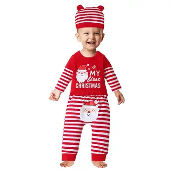 Рождественский наряд для малышей, 3 шт., боди с длинными рукавами, штаны и шапка, хлопковый комплект зимней одежды в красную и белую полоску, приятный для кожи и удобный.