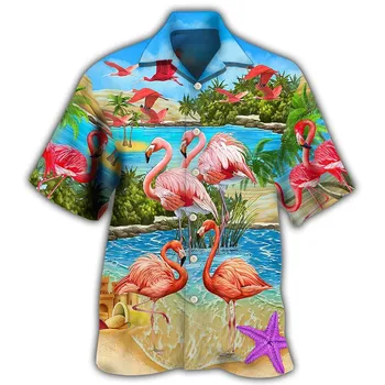 Новая мужская рубашка, Забавная Футболка с Фламинго, Короткий рукав, Модная Уличная Рубашка С лацканами Для Мужчин, Повседневная Летняя Мужская Одежда, Блузка, Топы