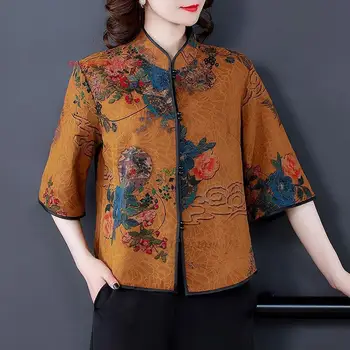 2024 традиционная китайская блузка hanfu, атласная блузка с национальным цветочным принтом, винтажный чайный сервиз, рубашка hanfu, восточный костюм эпохи тан