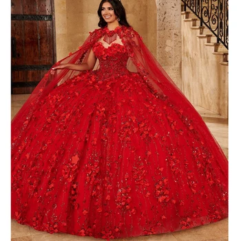 Lorencia Красное Пышное Платье Бальное Платье С Накидкой 3D Цветочный Корсет Кружевные Аппликации Из Бисера Sweet 16 Vestidos De 15 Anos YQD219