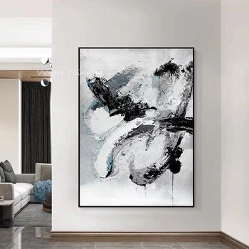 черно-белая пейзажная текстура большого размера, настенное художественное изображение, современная абстрактная живопись маслом на холсте для украшения дома