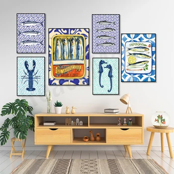 Плакат с сардинами, иллюстрация рыбы, макрель, омар, рисунок морского конька, сардины, узор из голубой марокканской плитки, украшение кухни