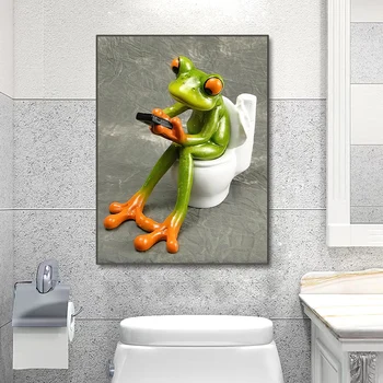 Абстрактная лягушка, играющая с мобильным телефоном в туалете, плакат и печатные картинки, настенное искусство животных, холст, живопись для декора ванной комнаты