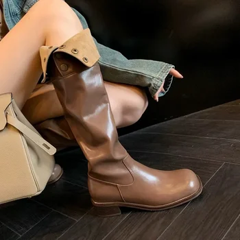Осенние новые женские сапоги до колена с квадратным носком на массивном каблуке 2023, зимние винтажные длинные сапоги для верховой езды для женщин, модельная женская обувь