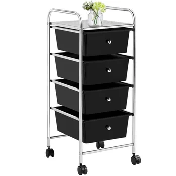 Корзина для хранения на колесиках Easyfashion с 4 пластиковыми ящиками на колесиках, черная