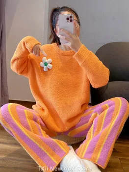 Пижамный комплект TXii Фиолетово-оранжевого цвета, Пижама с милым цветком для Женщин, Зимний сезон, Толстый Коралловый флис, Халат с коротким рукавом