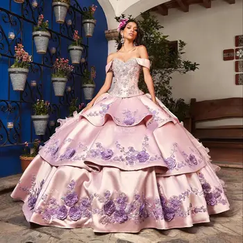 Розовые пышные платья Charro, бальное платье с открытыми плечами, аппликации из бисера, Мексиканская сладость, 16 платьев, 15 Anos