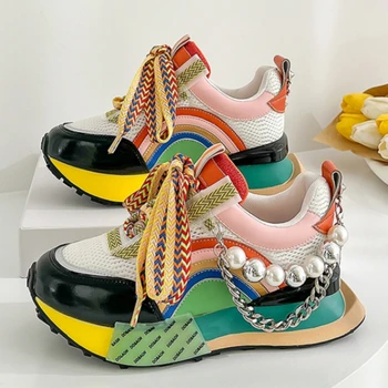 Новая декоративная женская вулканизированная обувь на шнуровке с переливающейся жемчужной цепочкой, Женские кроссовки на платформе, Женская обувь Zapatos De Mujer