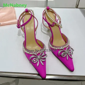 Роскошные дизайнерские туфли-лодочки с жемчужным узлом-бабочкой для женщин, элегантные модные туфли с острым носком на тонком высоком каблуке и ремешком с пряжкой на щиколотке