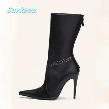 Пикантные Черные кожаные ботильоны с острым носком на тонком высоком каблуке и застежкой-молнией сзади, новое поступление, модная высококачественная роскошная женская обувь