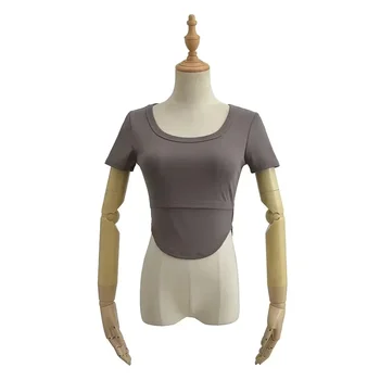 Однотонный большой круглый воротник, протекающая спина, обтягивающая футболка с короткими рукавами, трендовая женская новая футболка для йоги и фитнеса gray22