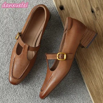 danxuefei/ большие размеры 34-42; женские туфли-лодочки из натуральной кожи с т-образным ремешком толщиной 4 см на низком каблуке; повседневная женская обувь в стиле ПР...