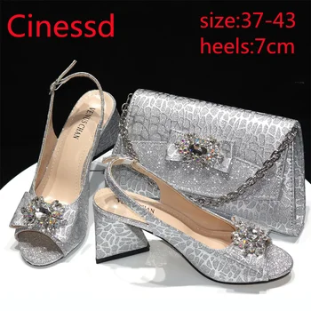Серебряные итальянские женские туфли и сумка с аппликацией в тон, высококачественные удобные каблуки со сверкающими кристаллами для вечеринки по случаю Дня рождения