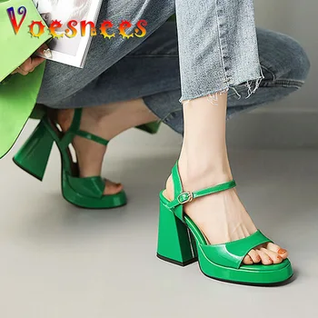 9.5 см летние сандалии 2023 мода зеленый высокие каблуки пряжка ремень блок каблуки обувь плюс размер комфортабельном офисе насосы