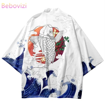 Японская рубашка-кимоно с принтом Карпа Haori, модная Летняя пляжная Белая Юката Для мужчин и женщин, традиционный кардиган, азиатская одежда