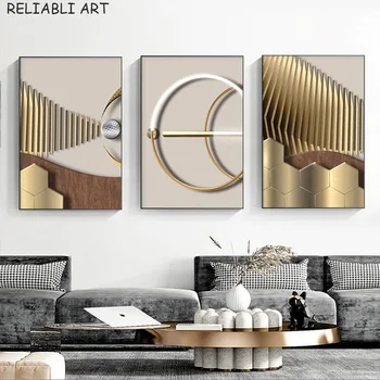 Современная золотая геометрическая абстракция на холсте, настенный художественный плакат и принт для домашнего декора в гостиной Без рамки