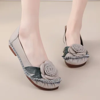 Весенне-летний модный цветочный дизайн, однотонные туфли на плоской подошве с круглым носком, винтажные женские туфли на плоской подошве из натуральной кожи, Женская обувь ручной работы