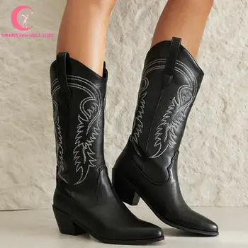 женские ботинки в стиле ретро Cowgirl с винтажной вышивкой в западном стиле, удобные повседневные ботильоны с острым носком, Совершенно Новые Дизайнерские ботинки